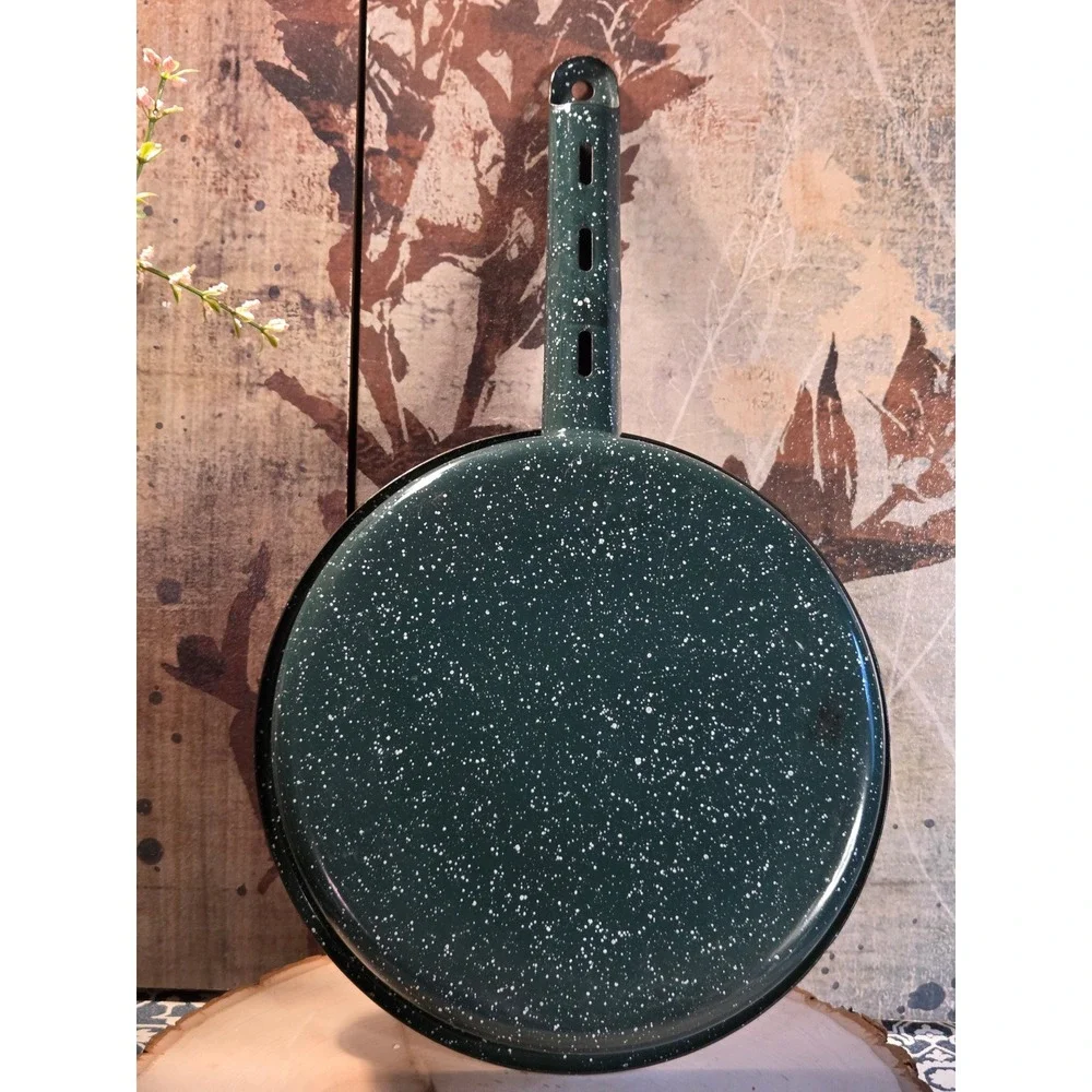 Vintage Jacaman Gift‎ Co Blue Speckled Enamel Teapot and Green Enamel Frying Pan